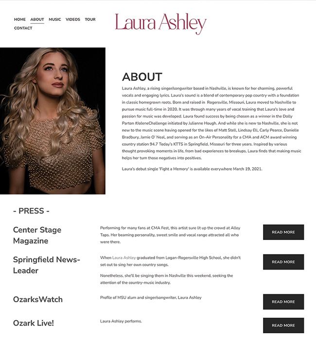 La pagina Informazioni su di me della cantante Laura Ashley