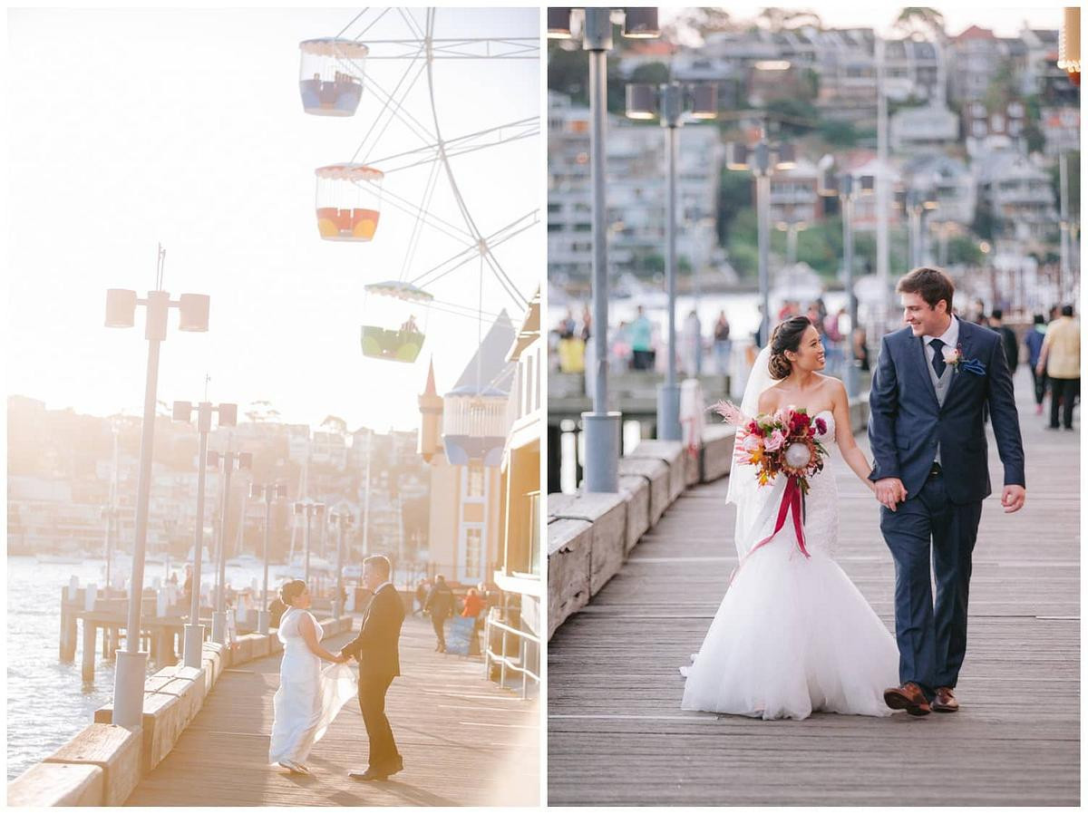 Wedding photo of a bride and groom smiling joyfully on their wedding day at Luna Park Sydney.