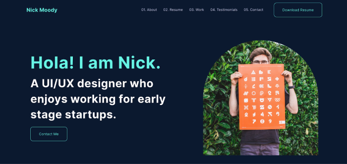 a landing page showing a person and his intro