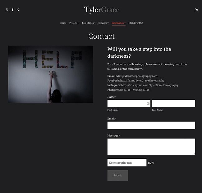 Página de contacto del fotógrafo de bellas artes Tyler Grace