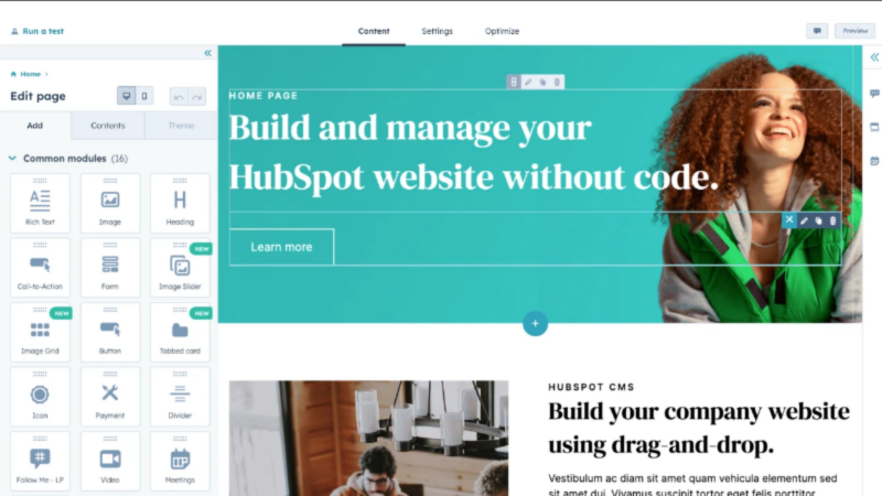 Панель инструментов конструктора веб-сайтов HubSpot